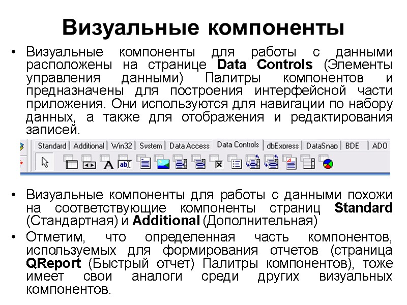 Визуальные компоненты Визуальные компоненты для работы с данными расположены на странице Data Controls (Элементы